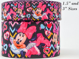 1.5 or 3 Inch Wide Minnie with Hearts and Chevron Print Grosgrain Cheer Bow Ribbon (sold in 3 yard increments)