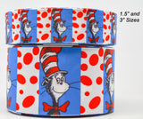 1.5 or 3 Inch Wide Dr. Seuss Cats With Dots Printed Grosgrain Cheer Bow Ribbon (sold in 3 yard increments)