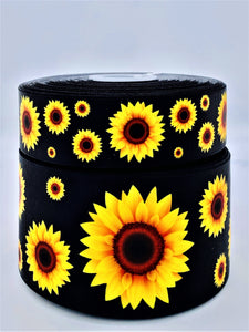 3"  Wide Black Sunflower Printed Grosgrain Cheer Hair Bow Ribbon