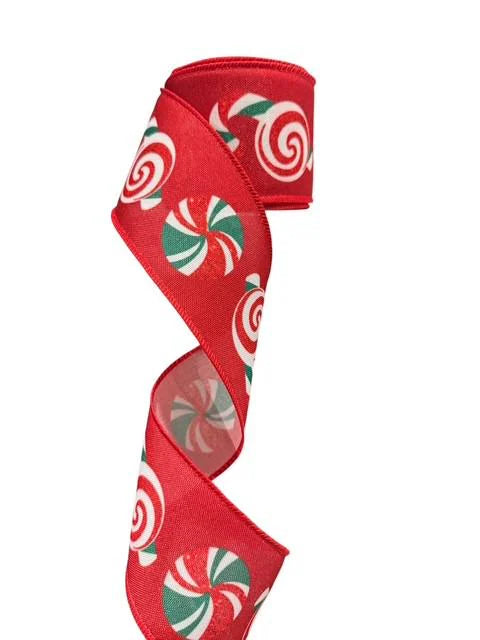 2.5 Inch Wired Christmas Candy on Red Printed on Grosgrain Canvas (sold in 10 yard roll)