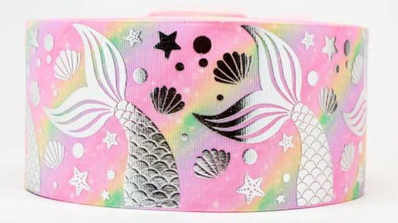 3 Inch Wide Pink Mermaid with Silver Foil Tails Printed Grosgrain Cheer Bow Ribbon (sold in 3 yard increments)