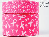Breast Cancer Awareness Ribbon, Pink Grosgrain, White Print (3 Yard Increments)