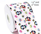 Pink Holiday Penguins Grosgrain Ribbon, Cheer Bow Ribbon (3 yard increments)