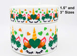 1.5 Inch or 3 Inch Wide St Patrick's Day Shamrock Unicorns and Hearts Printed Grosgrain Hair Bow Ribbon (sold in 3 yard increments)
