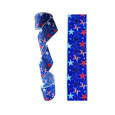 2.5 Inch Wired 4th of July Ribbon, Red White Blue, Printed Ribbon (sold in 10 yard roll)