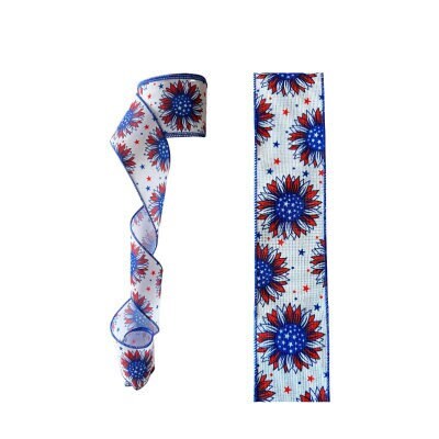 2.5 Inch Wired 4th of July, Red White Blue Sunflower Printed Ribbon (sold in 10 yard roll)