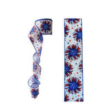 2.5 Inch Wired 4th of July, Red White Blue Sunflower Printed Ribbon (sold in 10 yard roll)