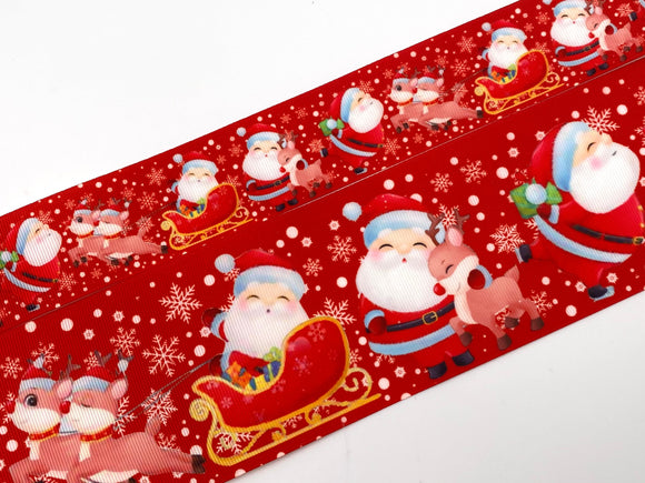1.5 inch Wide Holiday Happy Santa and Reindeer Printed Grosgrain Hair Bow Ribbon (sold in 3 yard increments)