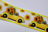 1.5 or 3 Inch Wide Yellow Fall Sunflowers in a VW Bug Car Printed Grosgrain Cheer Bow Hair Bow Ribbon (sold in 3 yard increments)