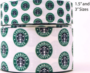 1.5" or 3" Green Coffee Fashion Circles Printed on White Grosgrain Hairbow Ribbon