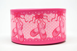 3" Wide Pink Ballerina Shoes on White Printed Grosgrain Cheer Bow Ribbon