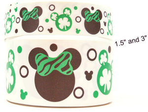 1.5" or 3"  Wide St. Patrick's Day Mickey and Shamrocks Printed Grosgrain Cheer Bow Ribbon