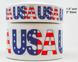 3"  Wide White USA 4th of July Theme Print Grosgrain Cheer Bow Ribbon