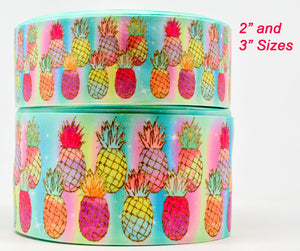 3"  Wide Summer Pineapples Printed Grosgrain Cheer Bow Ribbon 1,3 and 5 Yards