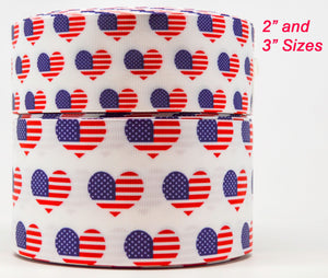 3" and 2" Wide Heart Shaped  USA Flags Printed Grosgrain Cheer Bow Ribbon 1,3 and 5 Yards