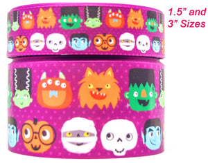 3" Wide Purple Halloween Monsters  Printed Grosgrain Cheer Bow Hair Bow Ribbon