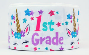 3" Wide 1st Grade Back to School Unicorn Printed Grosgrain Cheer Bow Ribbon