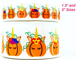 3"  Wide Halloween Pumpkin Unicorns  Printed Grosgrain Cheer Bow Hair Bow Ribbon