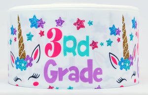 1.5" and 3" Wide 3rd Grade Back to School Unicorn Printed Grosgrain Cheer Bow Ribbon