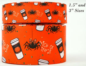 3"  Wide Orange Halloween Trick or Treat Spiders Printed Grosgrain Cheer Bow Hair Bow Ribbon
