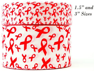 3"  Wide White with Bright Pink Breast Cancer Awareness Ribbons Printed Grosgrain Cheer Bow Ribbon