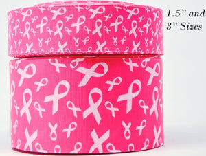 3"  Wide White Breast Cancer Awareness Ribbons on Pink Printed Grosgrain Cheer Bow Ribbon