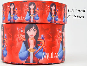 3"  Wide Red Mulan Printed Grosgrain Cheer Bow Ribbon