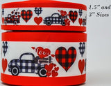 Buffalo Plaid Truck & Hearts Grosgrain Ribbon, Cheer Bow Ribbon (3 yards)