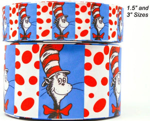 1.5" or 3"  Wide Dr. Seuss Cats With Dots Printed Grosgrain Cheer Bow Ribbon