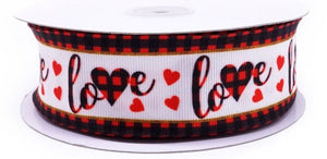1.5" Wired Buffalo Plaid Love and Hearts Printed on Grosgrain Floral Ribbon