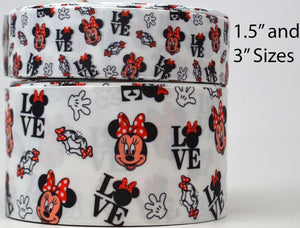 3"  Wide Minnie Mouse LOVE Collage  Printed on Grosgrain Cheer Bow Ribbon