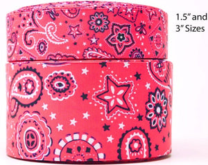 1.5" or 3"  Wide Bright Pink Bandana With Stars Printed on Grosgrain Cheer Bow Ribbon