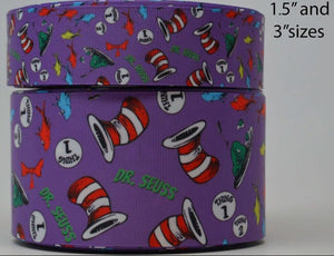 3"  Wide Purple Dr. Seuss Collage Printed Grosgrain Cheer Bow Ribbon