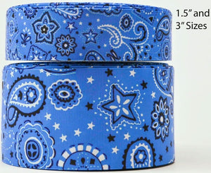 3"  Wide Blue Bandana With Stars Printed on Grosgrain Cheer Bow Ribbon