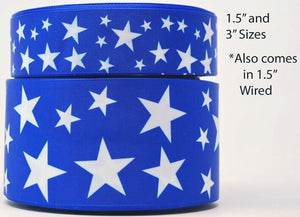 3"  Wide White Stars on Blue Printed on Grosgrain Cheer Bow Ribbon