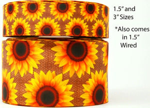 1.5" Wired Sunflowers on Burlap Printed on Grosgrain Floral Ribbon