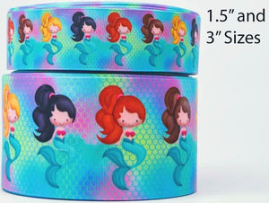 1.5" or 3" Wide Mermaid Babies  Printed Grosgrain Cheer Bow Ribbon