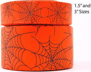 3"  Wide Halloween Orange Spider Webs Printed Grosgrain Cheer Bow Ribbon