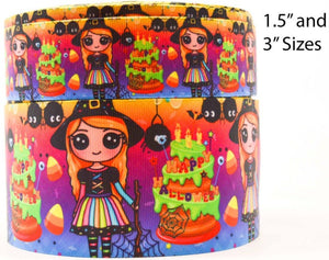 3"  Wide Dolls and Happy Halloween Cake Printed Grosgrain Cheer Bow Ribbon