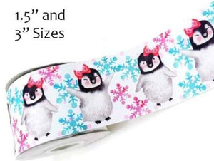 3" Wide Happy Feet Snowflakes Penguins Print Grosgrain Cheer Bow Ribbon