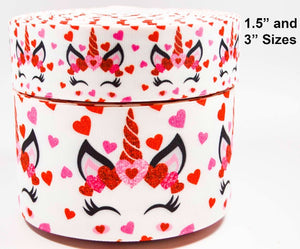 3"  Wide Valentine Unicorns and Hearts Printed Grosgrain Hair Bow Ribbon