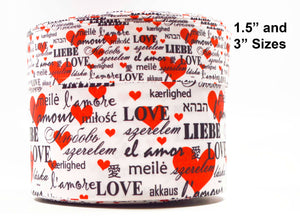 3"  Wide Valentine International Love Words and Hearts Printed Grosgrain Hair Bow Ribbon