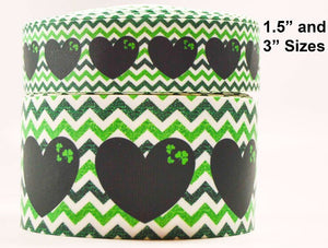 1.5" or 3"  Wide St. Patrick's Day Green Hearts Chevron with Shamrocks Hearts Printed Grosgrain Hair Bow Ribbon