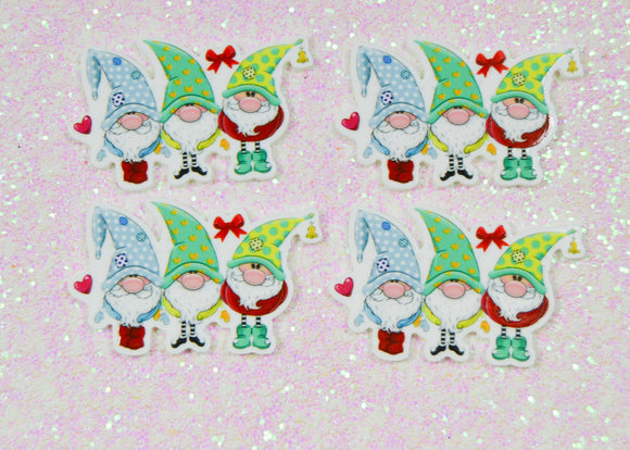 4 Quantity - Glossy Flat Back Holiday Triplet Gnomes for Hair Bows or Crafts