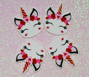 4 Quantity - 38mmx32mm Glossy Flat Back Valentine Unicorn and Hearts for Hair Bows or Crafts