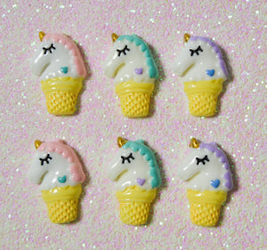 6 Quantity - 1" x .5" Glossy Easter Pastel Ice Cream Cone Unicorn Flat Back Resins for Hair Bows or Crafts