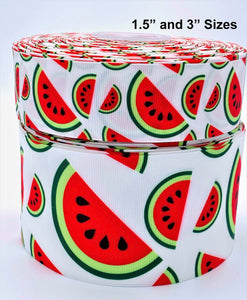 3"  Wide Watermelon Slices on White Printed Grosgrain Cheer Hair Bow Ribbon