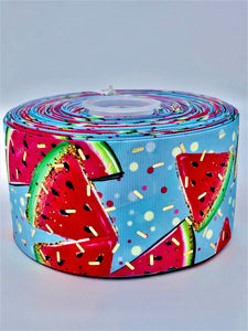 3" Wide Watermelon On Blue With Foil Printed Grosgrain Cheer Hair Bow Ribbon