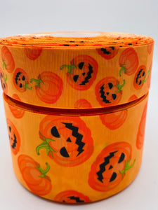 3"  Wide Orange Halloween Smiling Pumpkin Collage Printed Grosgrain Cheer Bow Hair Bow Ribbon