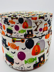 3"  Wide White Halloween Things Collage Printed Grosgrain Cheer Bow Hair Bow Ribbon
